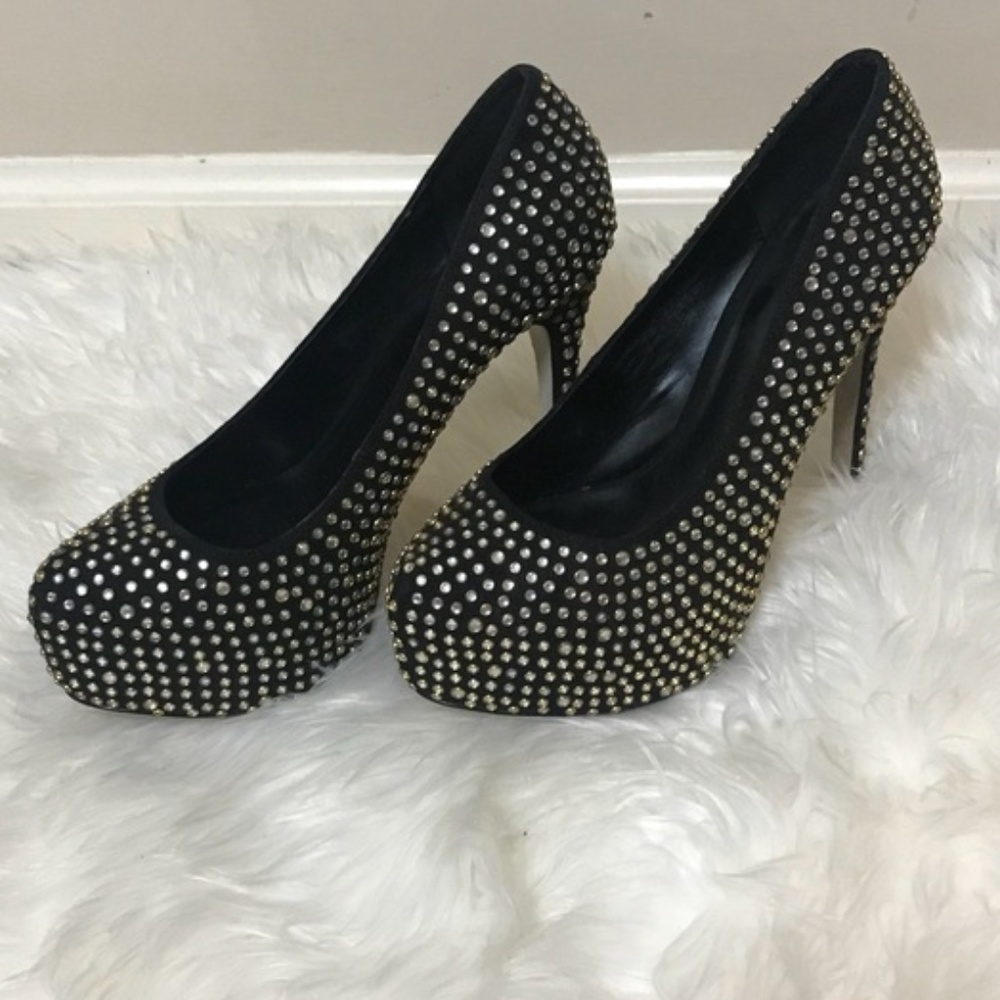 Bebe Black Rhinestone Studded High Heels | Size 8